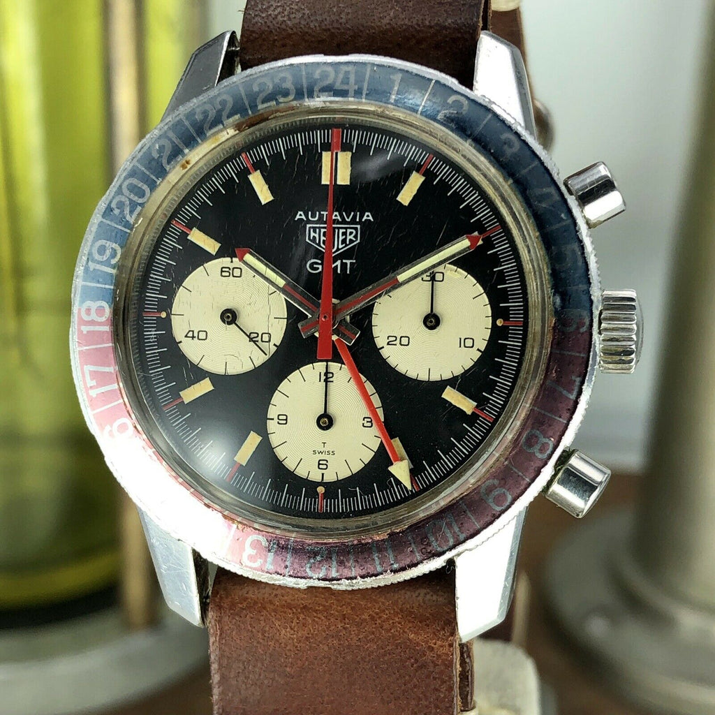 1968 Vintage Heuer Autavia 2446C GMT Chronograph Heavy Patina Incredible Example
