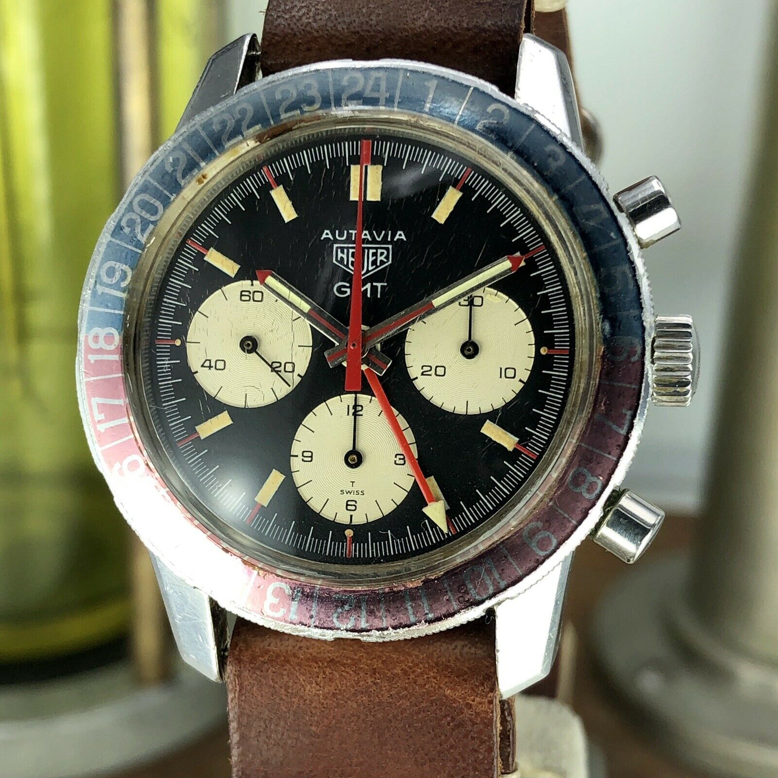 1968 Vintage Heuer Autavia 2446C GMT Chronograph Heavy Patina Incredible Example