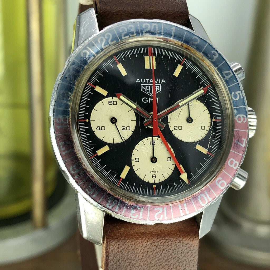 1968 Vintage Heuer Autavia 2446C GMT Chronograph Heavy Patina Incredible Example