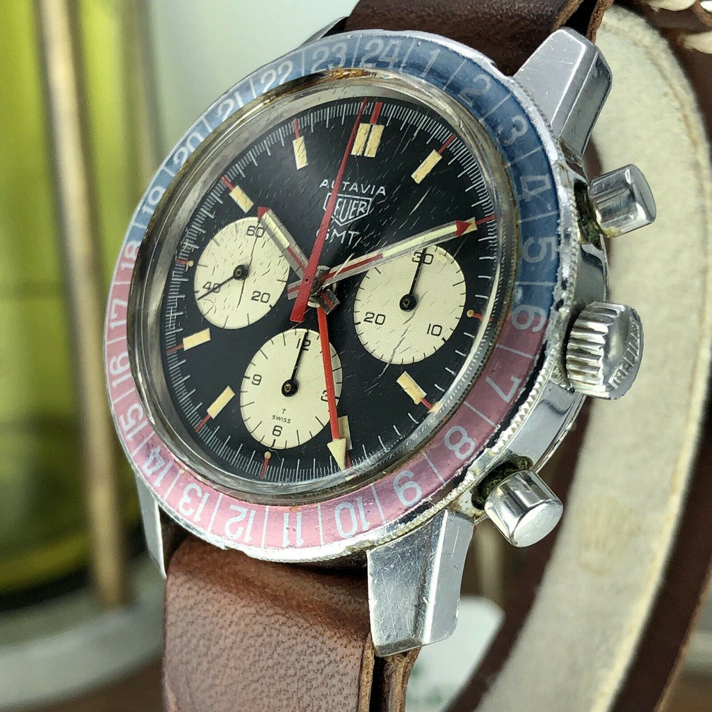 1968 Vintage Heuer Autavia 2446C GMT Chronograph Heavy Patina Incredible Example