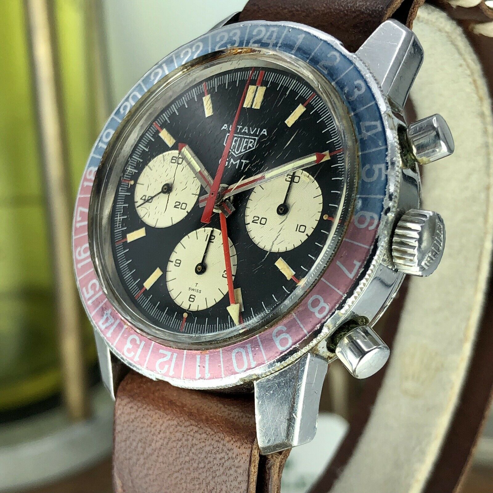 1968 Vintage Heuer Autavia 2446C GMT Chronograph Heavy Patina Incredible Example