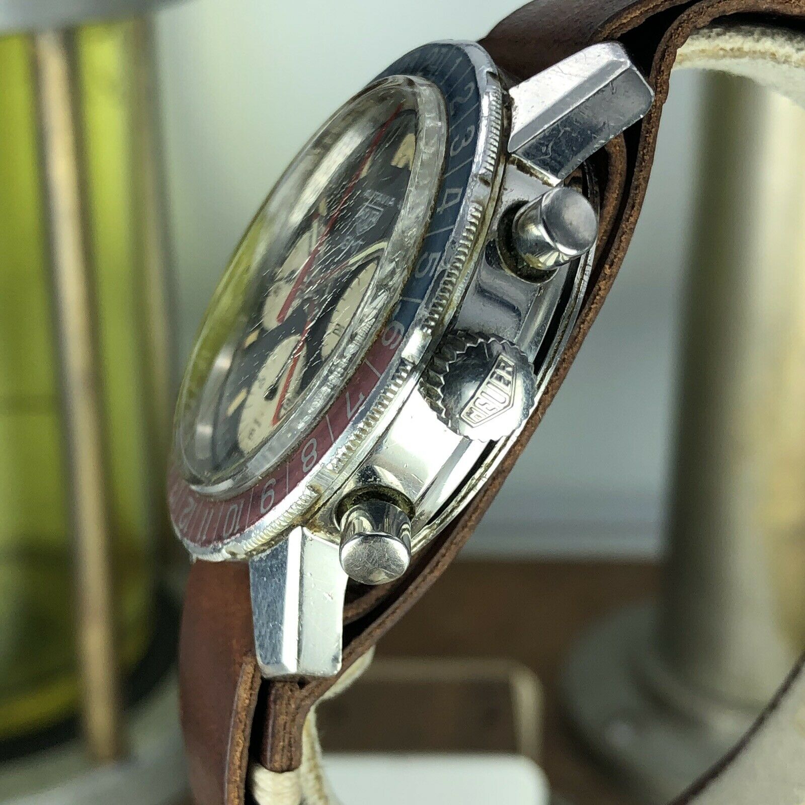 1968 Vintage Heuer Autavia 2446C GMT Chronograph Heavy Patina Incredible Example