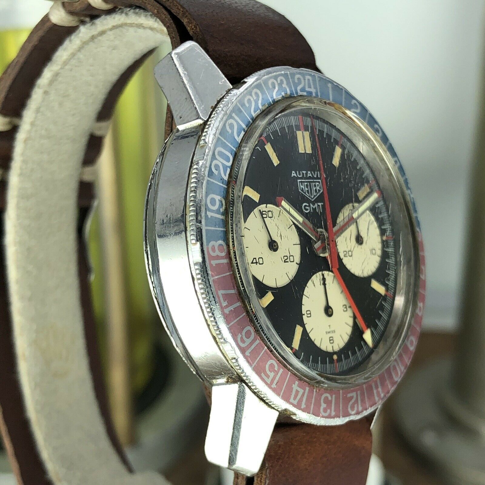1968 Vintage Heuer Autavia 2446C GMT Chronograph Heavy Patina Incredible Example