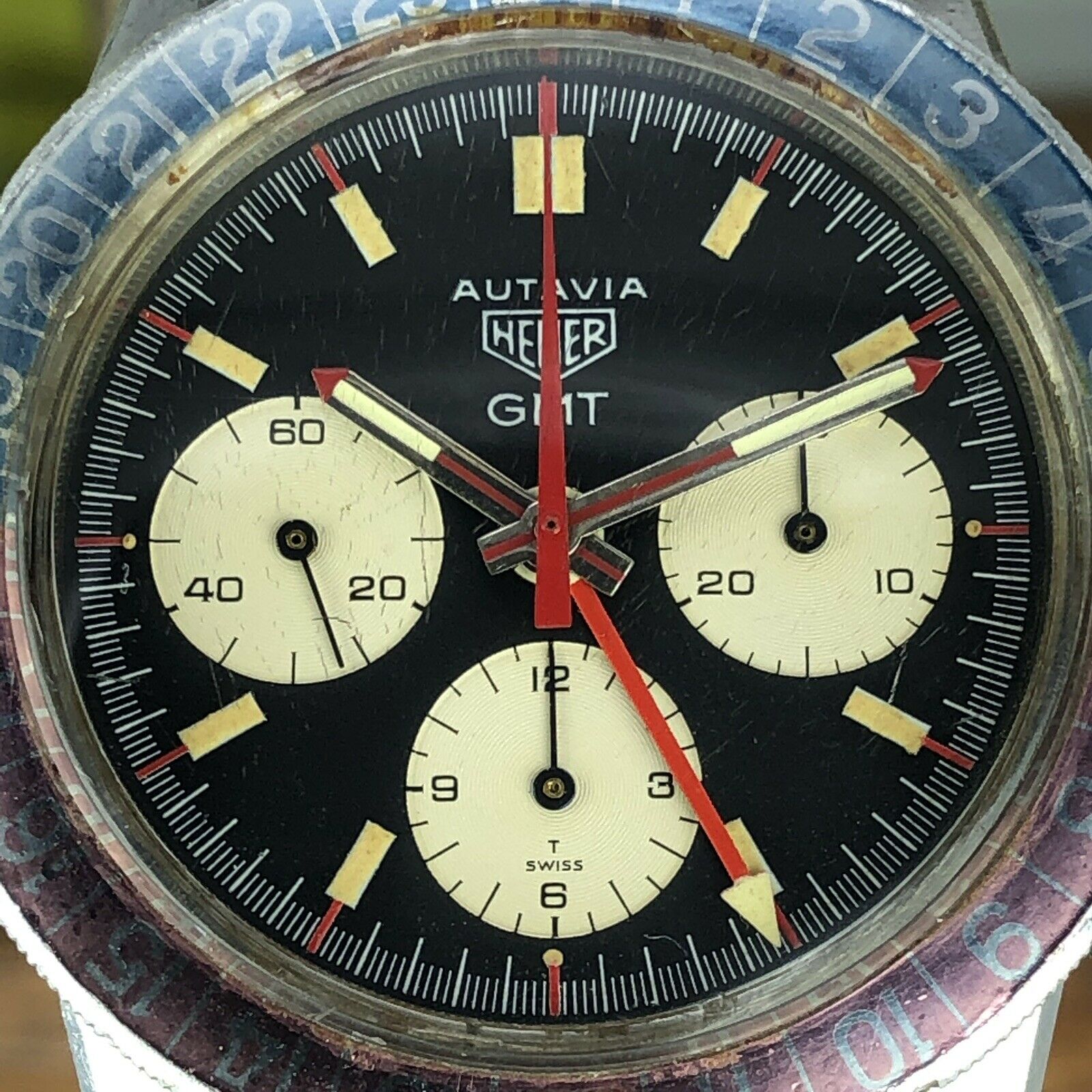 1968 Vintage Heuer Autavia 2446C GMT Chronograph Heavy Patina Incredible Example