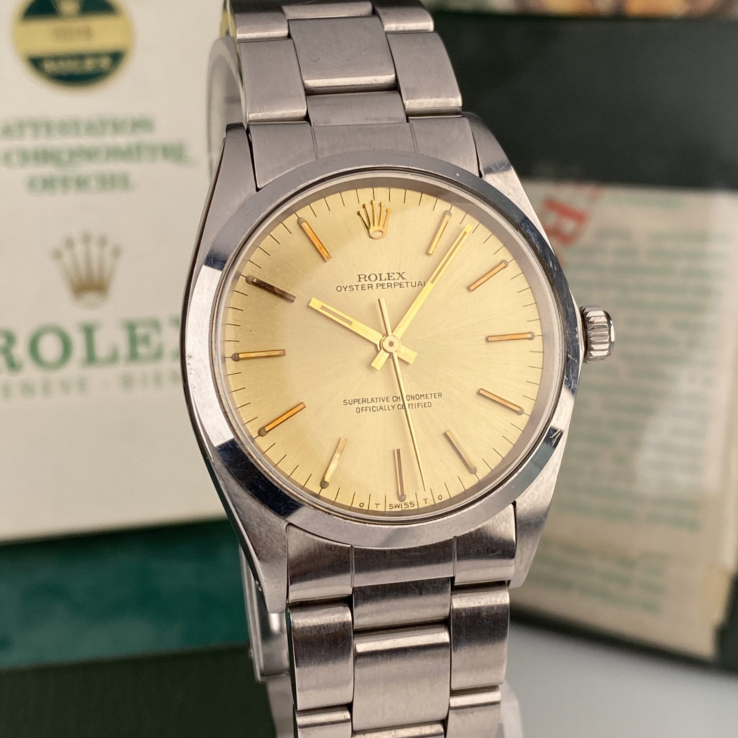 1969 Rolex Oyster Perpetual 1018 Champagne Dial 36mm in Mint Condition Complete Set Box & Papers