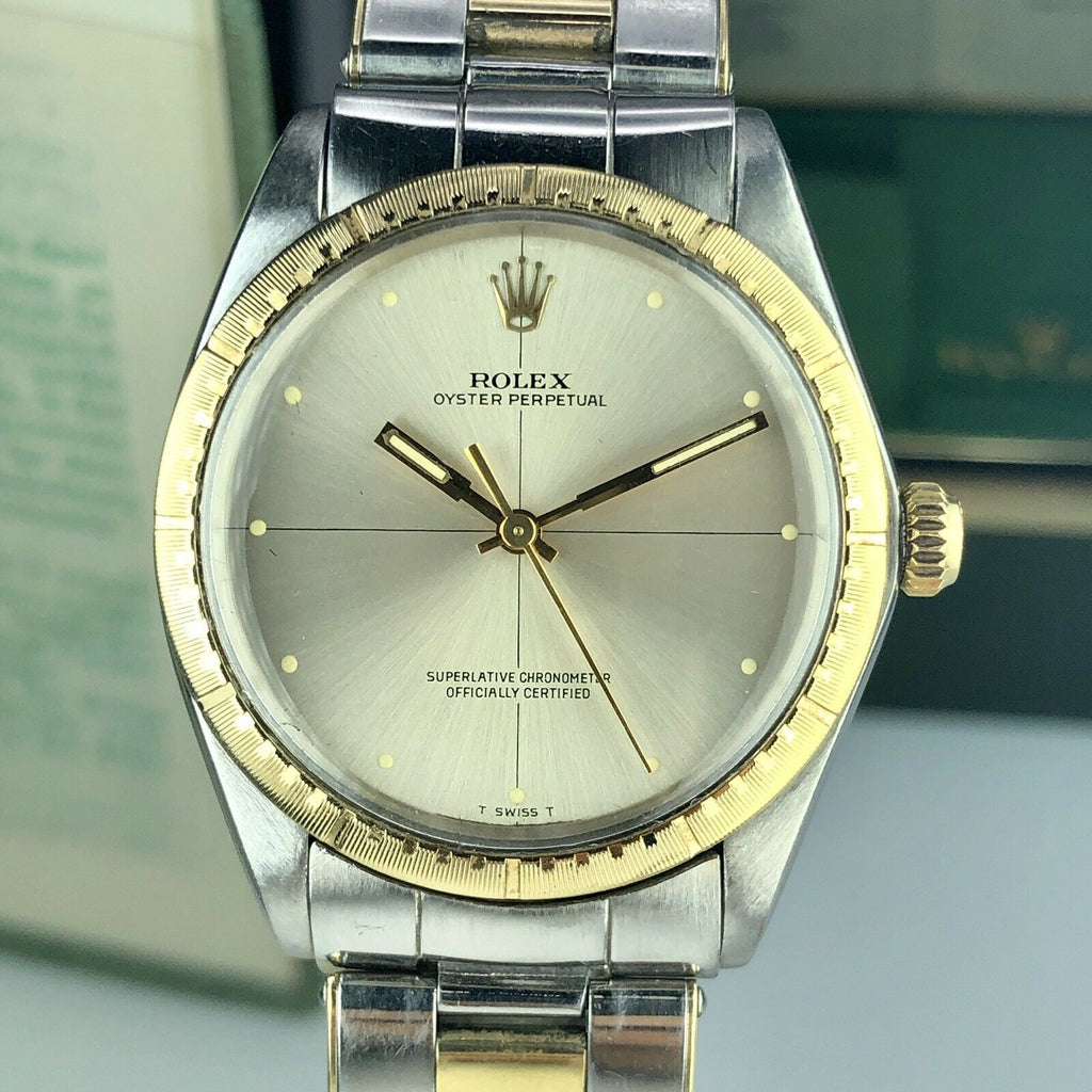 1969 Rolex Oyster Perpetual Factory Zephyr Dial 2 Tone 1038 34mm Box & Double Papers