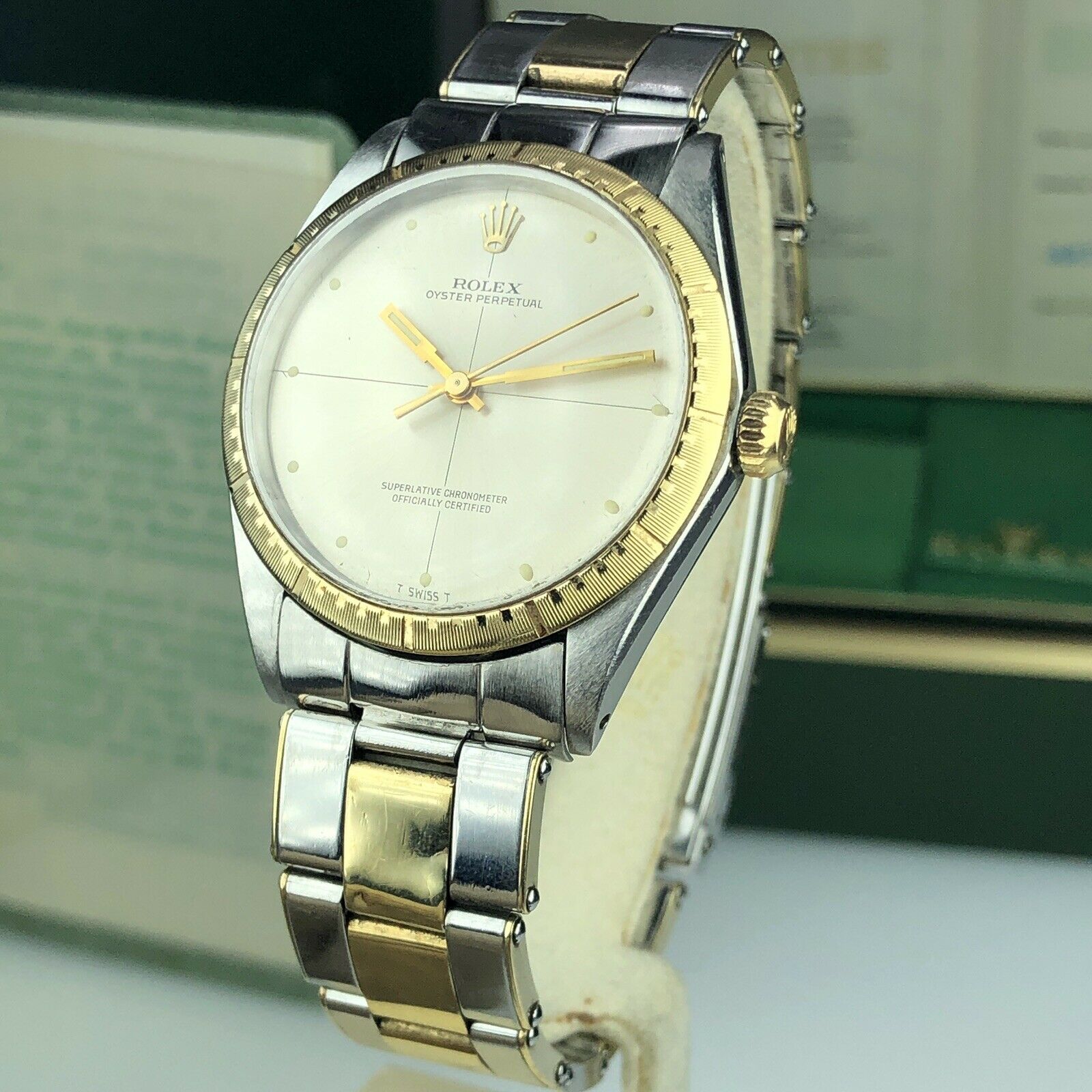 1969 Rolex Oyster Perpetual Factory Zephyr Dial 2 Tone 1038 34mm Box & Double Papers