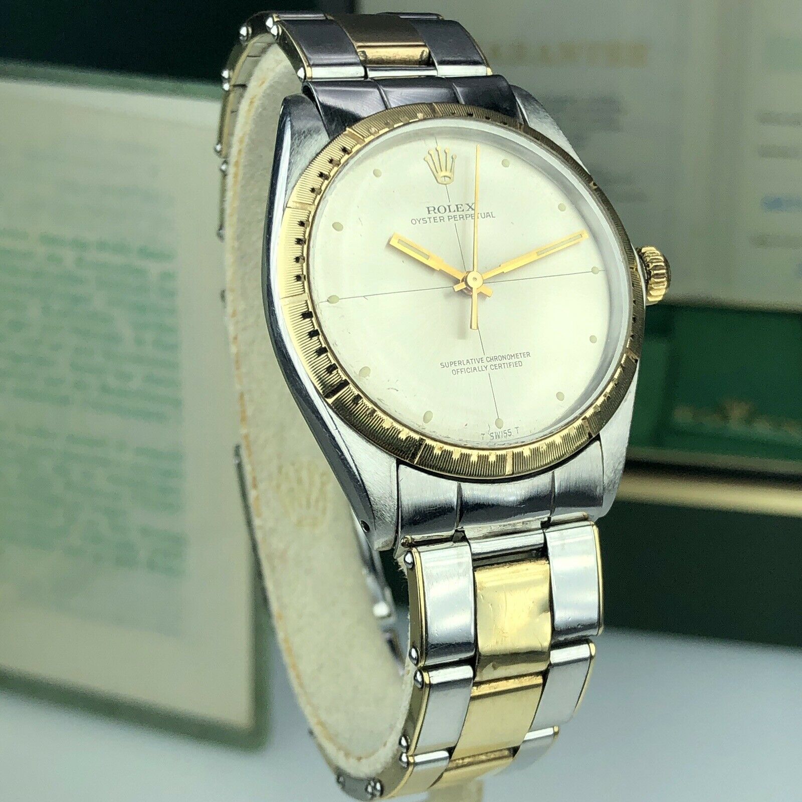 1969 Rolex Oyster Perpetual Factory Zephyr Dial 2 Tone 1038 34mm Box & Double Papers