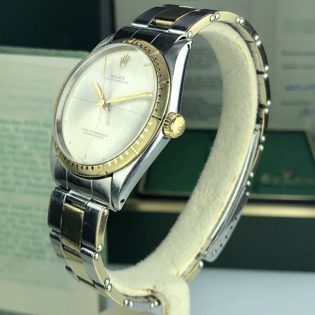 1969 Rolex Oyster Perpetual Factory Zephyr Dial 2 Tone 1038 34mm Box & Double Papers