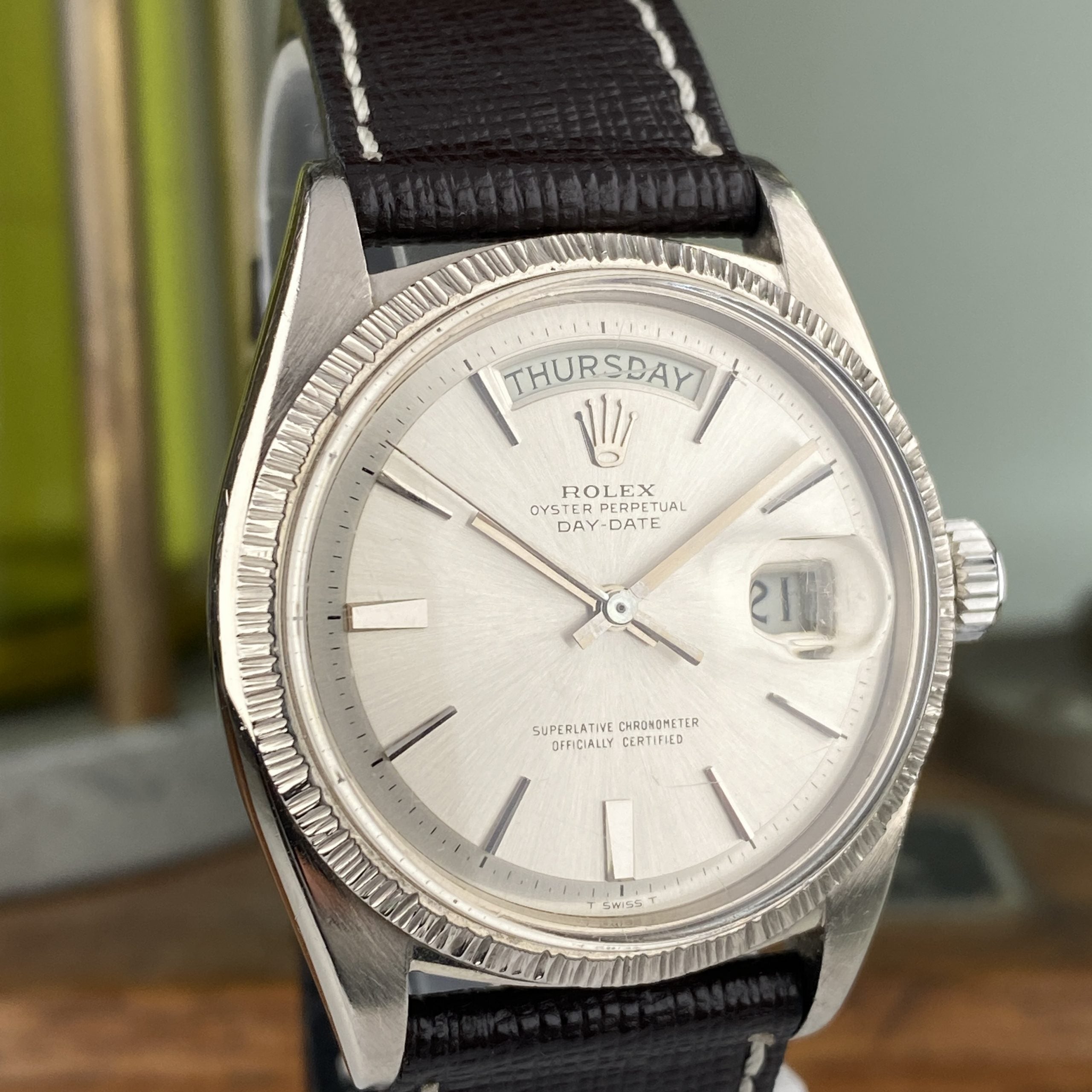 1970 Rolex Day-Date 1807 President White Gold Bark Finish No Lume Dial