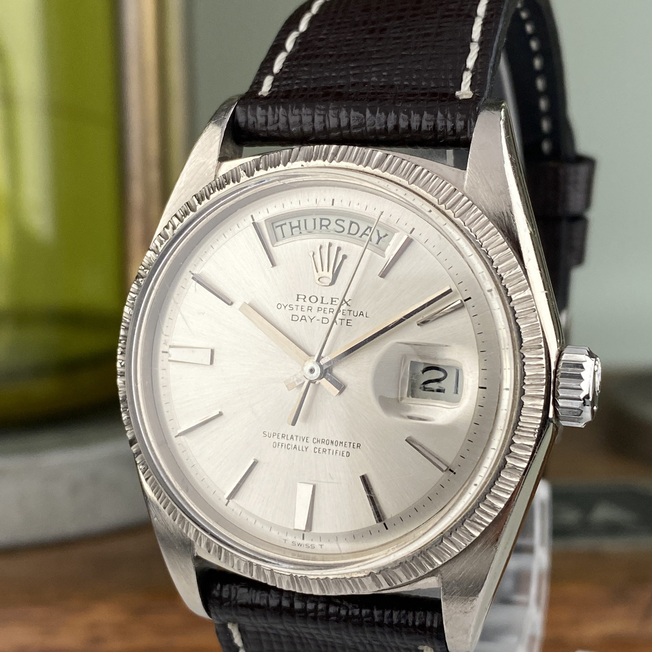 1970 Rolex Day-Date 1807 President White Gold Bark Finish No Lume Dial