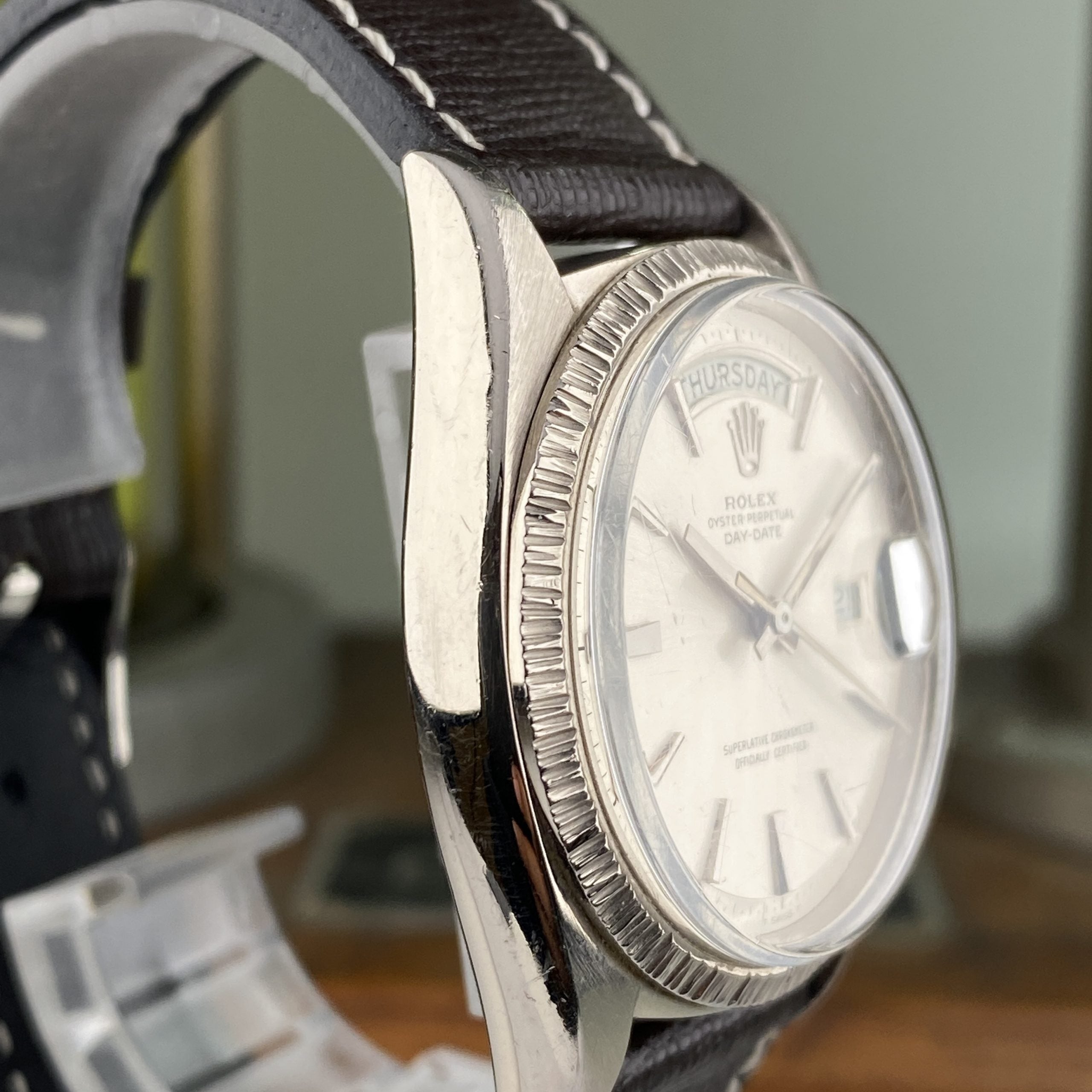 1970 Rolex Day-Date 1807 President White Gold Bark Finish No Lume Dial