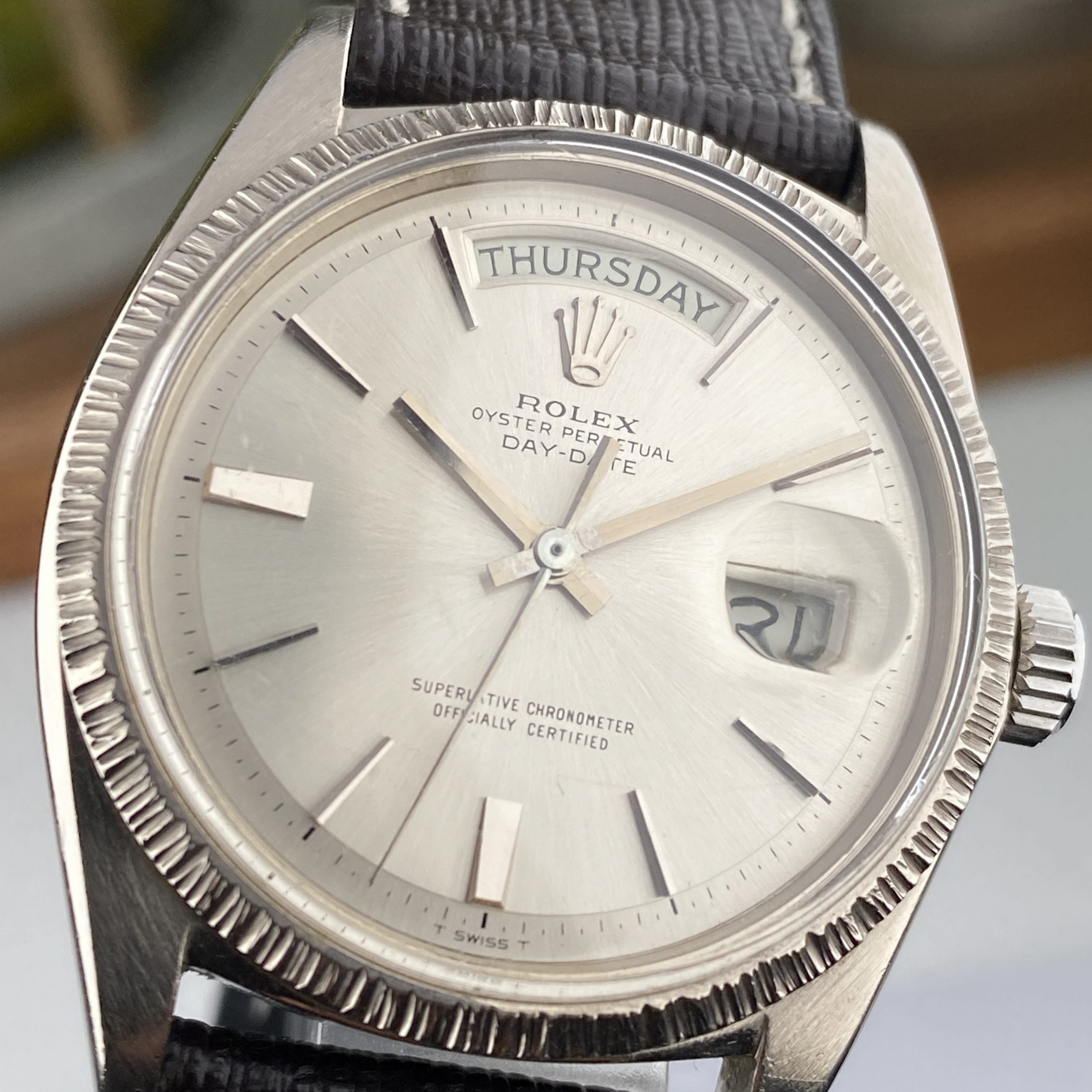 1970 Rolex Day-Date 1807 President White Gold Bark Finish No Lume Dial