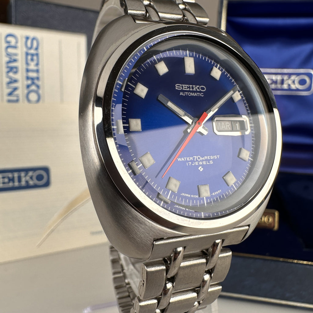 1971 NOS Vintage Seiko 6106 8237 Day-Date Automatic 39mm Blue Dial