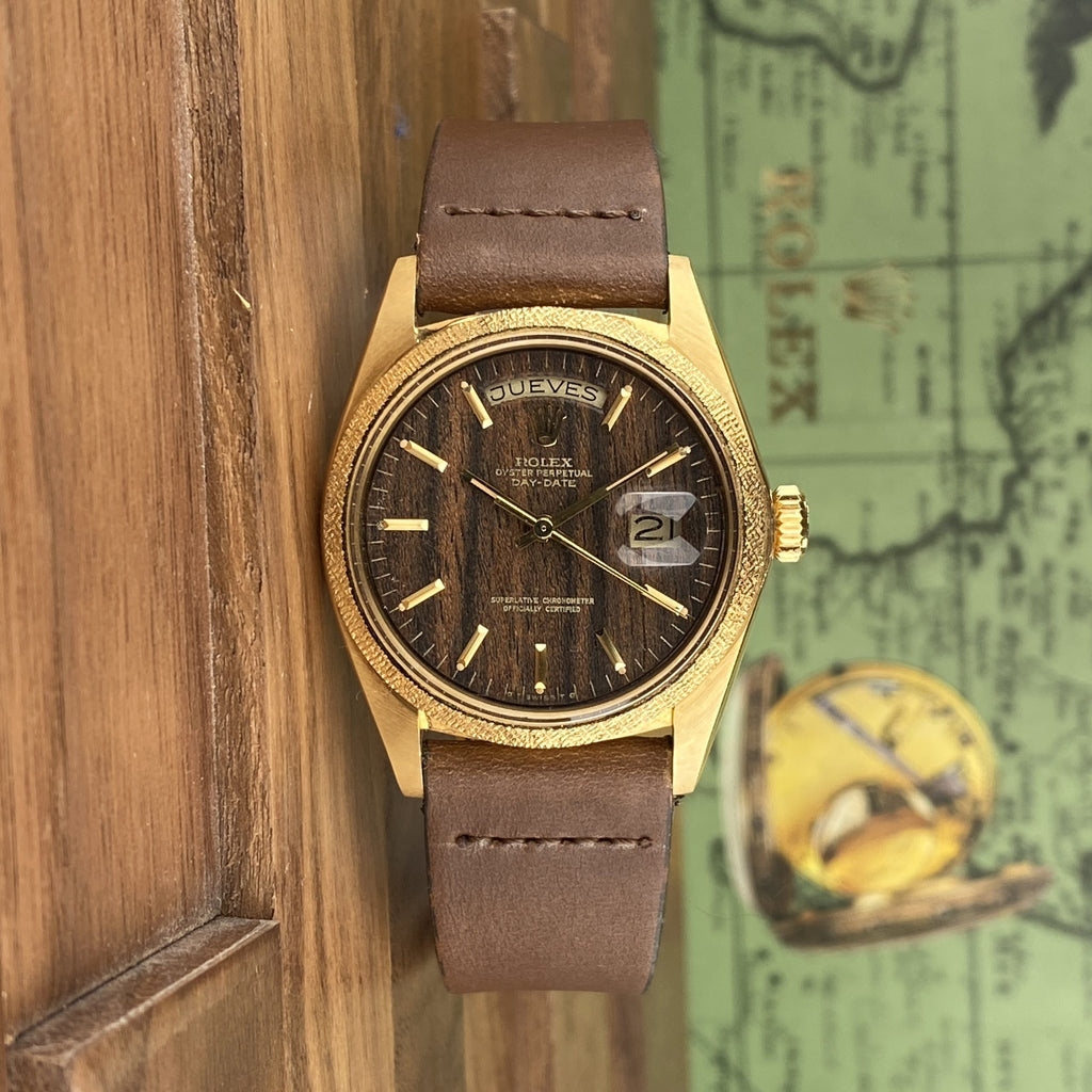 1972 NOS Rolex Day-Date 1803 President Morellis Finish Wood Sequoia Dial with Spanish Day