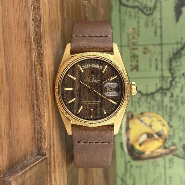 1972 NOS Rolex Day-Date 1803 President Morellis Finish Wood Sequoia Dial with Spanish Day