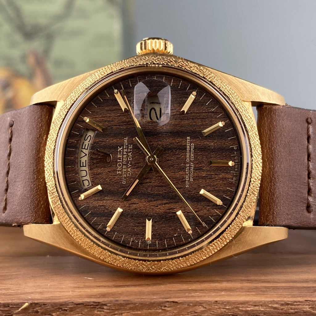 1972 NOS Rolex Day-Date 1803 President Morellis Finish Wood Sequoia Dial with Spanish Day