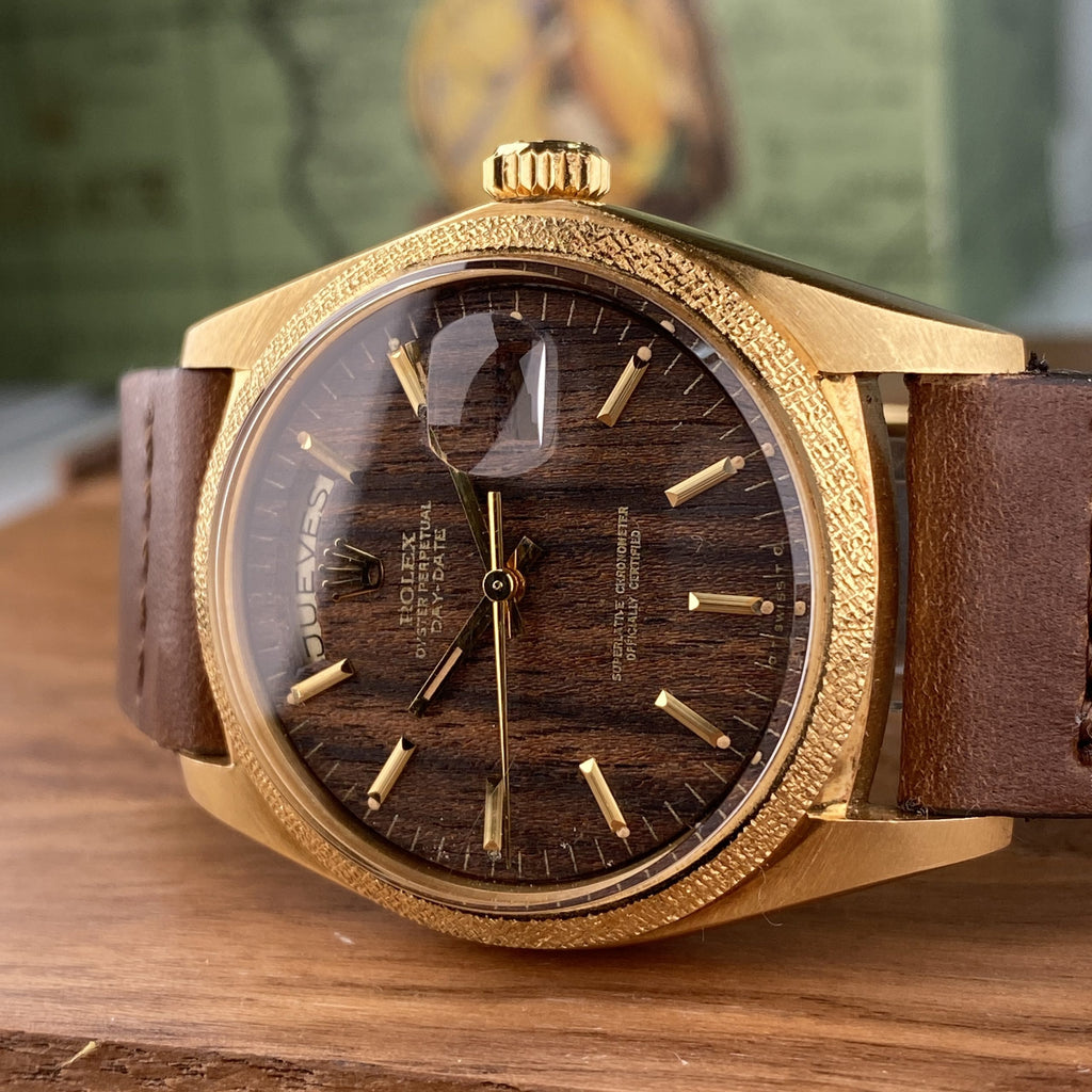 1972 NOS Rolex Day-Date 1803 President Morellis Finish Wood Sequoia Dial with Spanish Day