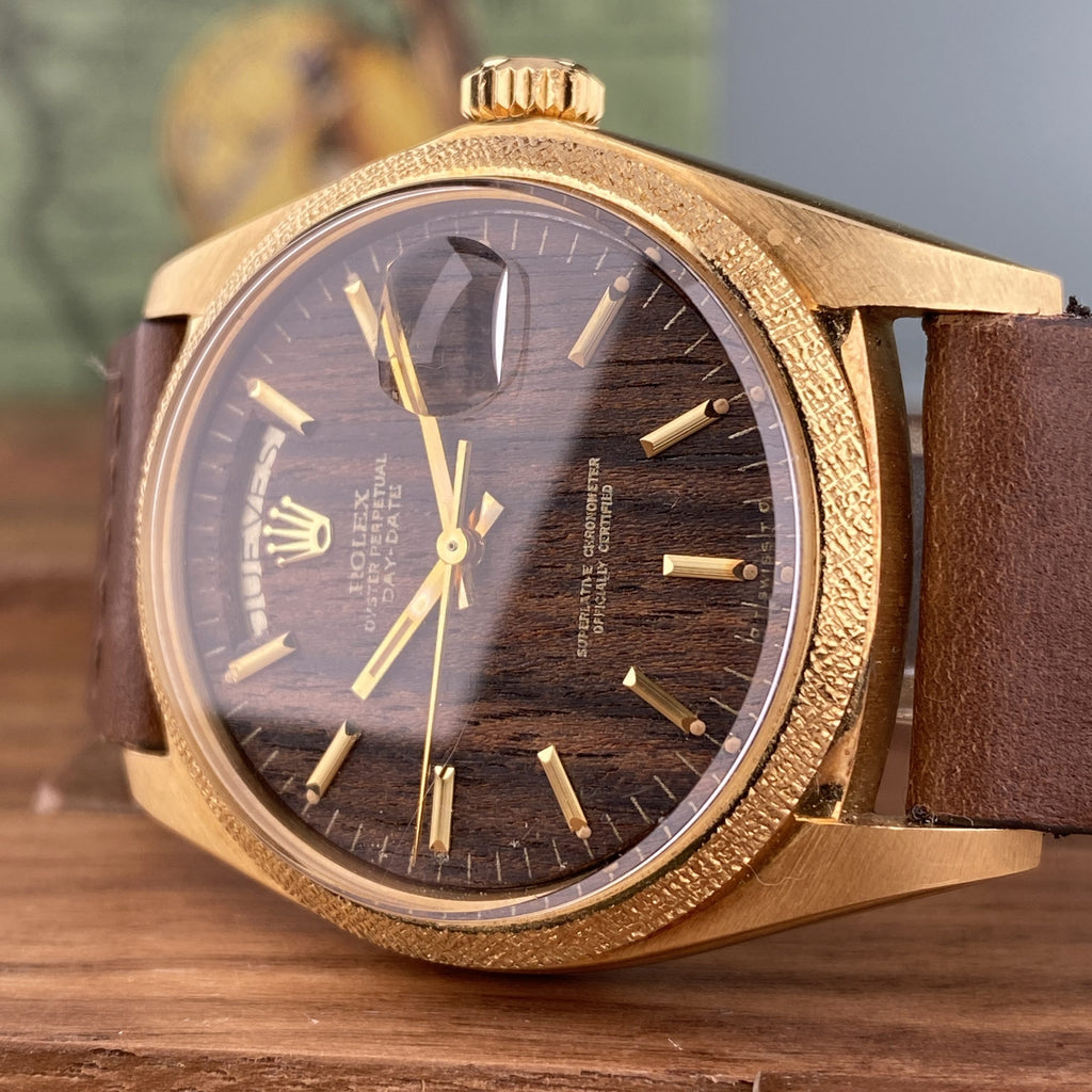 1972 NOS Rolex Day-Date 1803 President Morellis Finish Wood Sequoia Dial with Spanish Day