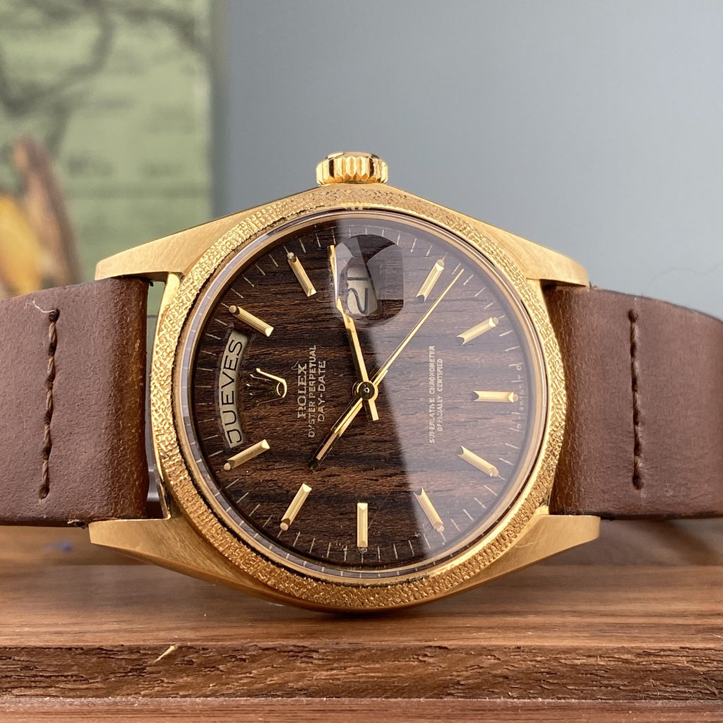 1972 NOS Rolex Day-Date 1803 President Morellis Finish Wood Sequoia Dial with Spanish Day