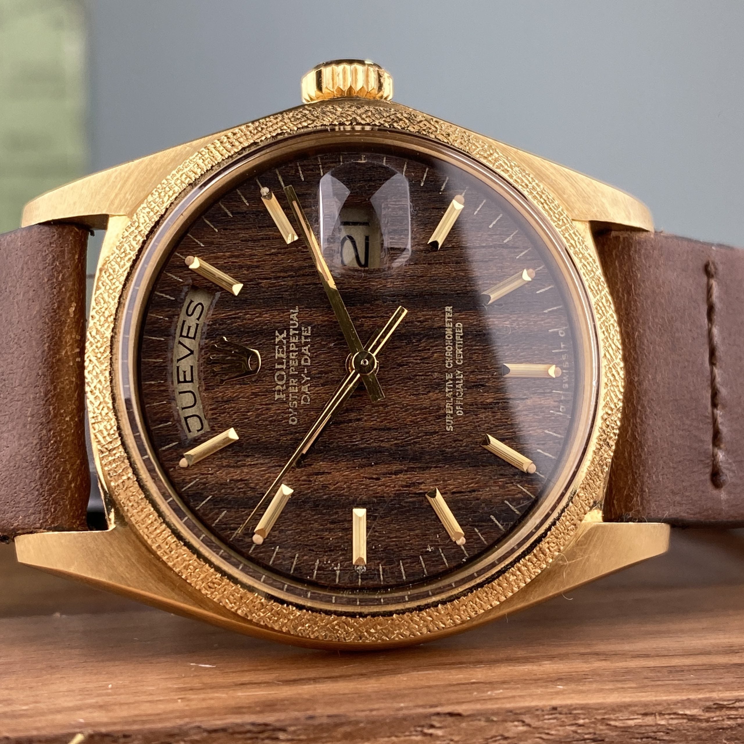 1972 NOS Rolex Day-Date 1803 President Morellis Finish Wood Sequoia Dial with Spanish Day