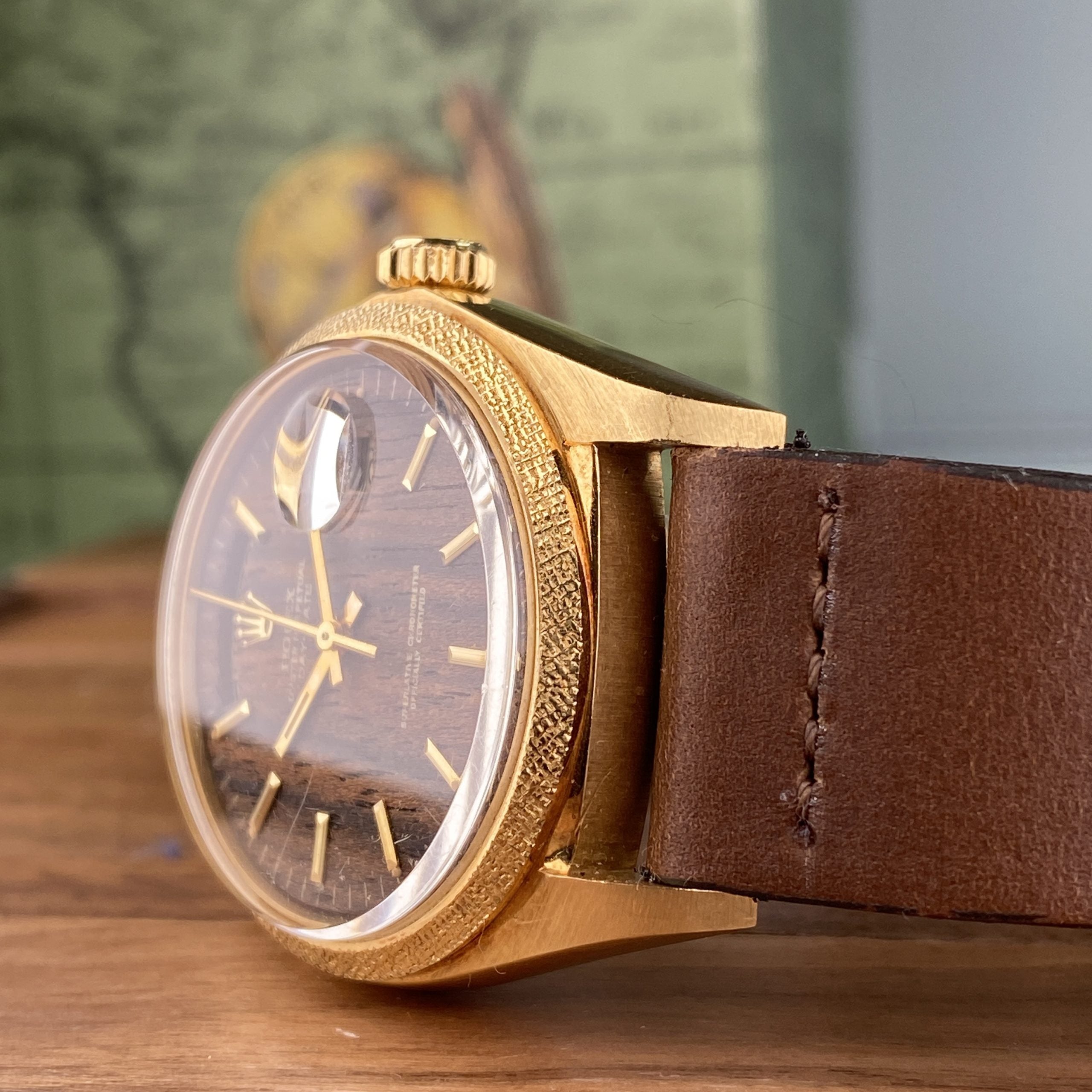 1972 NOS Rolex Day-Date 1803 President Morellis Finish Wood Sequoia Dial with Spanish Day