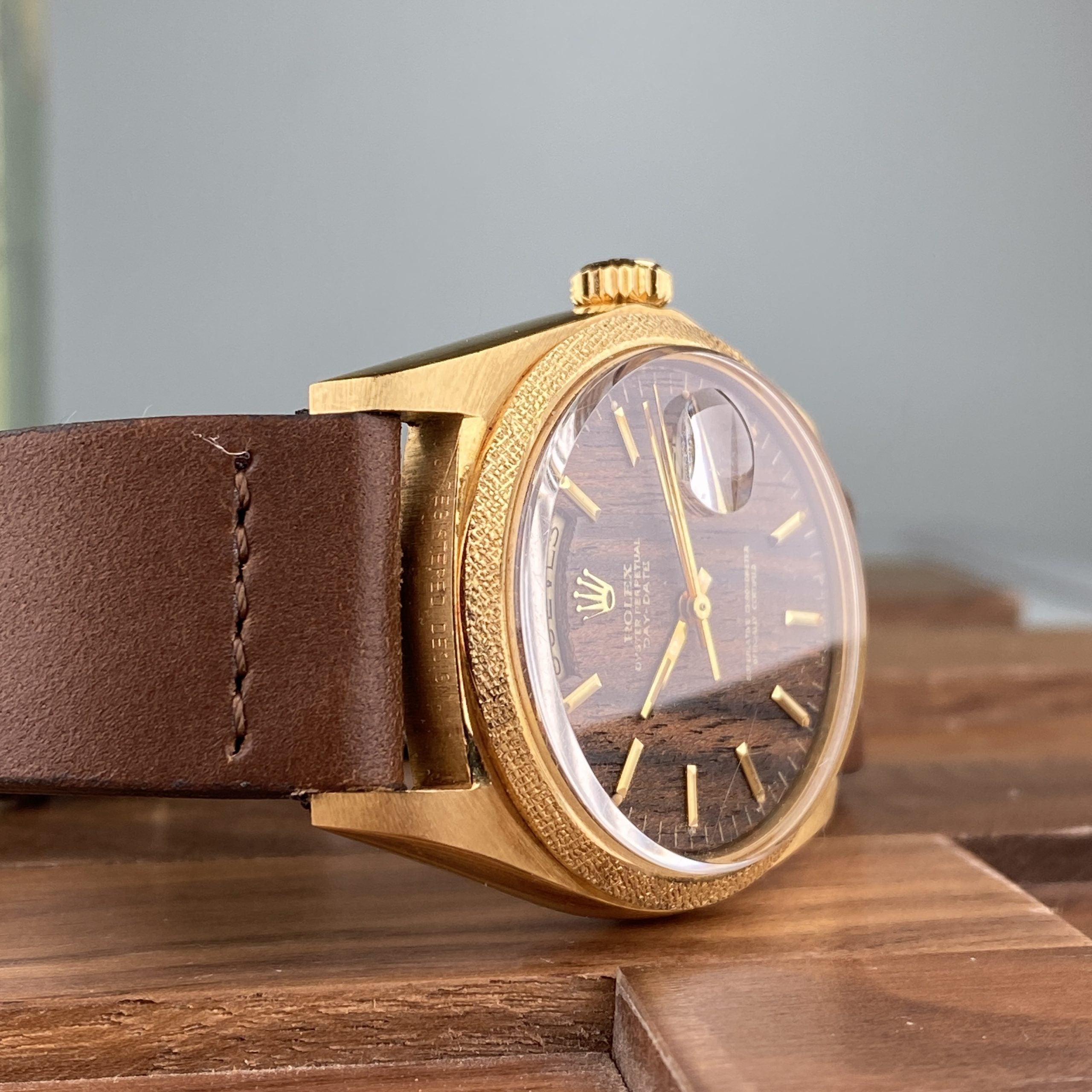 1972 NOS Rolex Day-Date 1803 President Morellis Finish Wood Sequoia Dial with Spanish Day