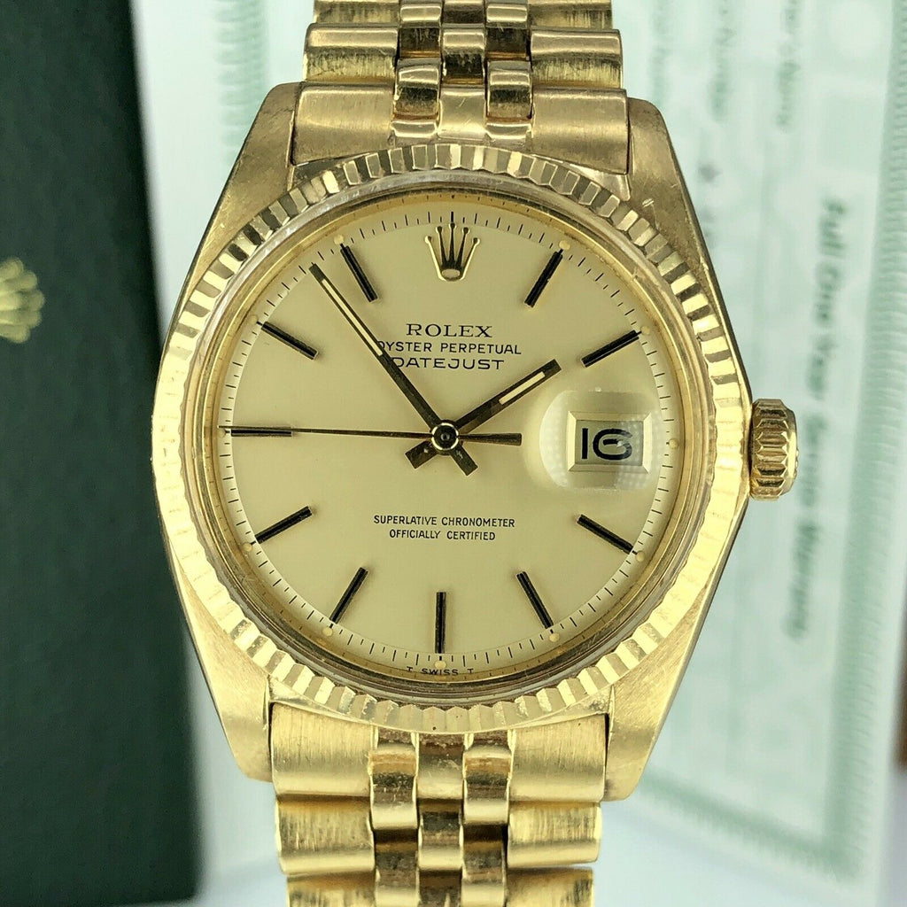 1972 Vintage Rolex Datejust 1601 gold 18k Unpolished With Service Box & Papers