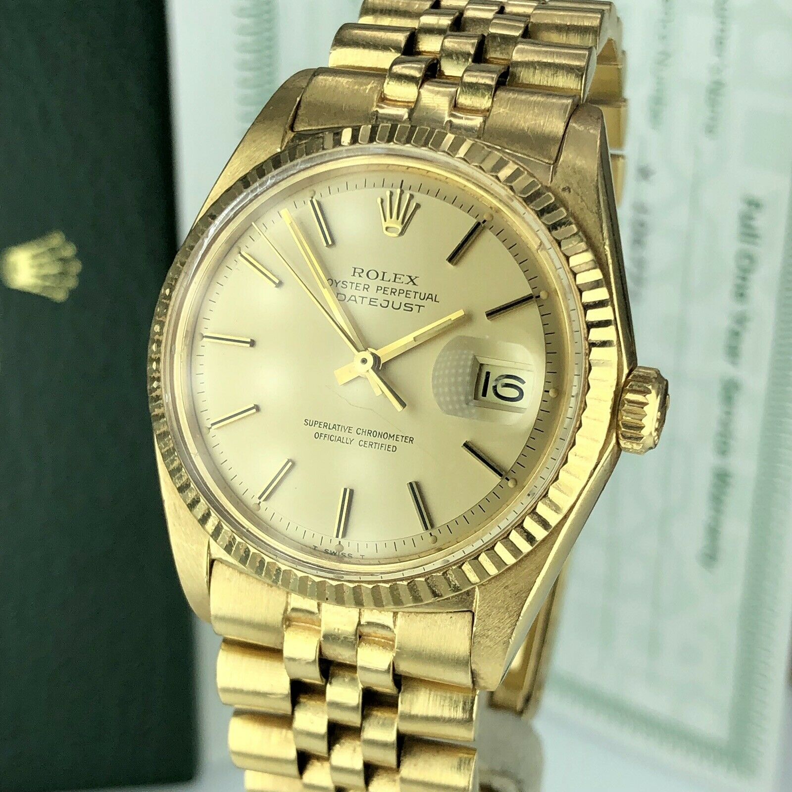 1972 Vintage Rolex Datejust 1601 gold 18k Unpolished With Service Box & Papers