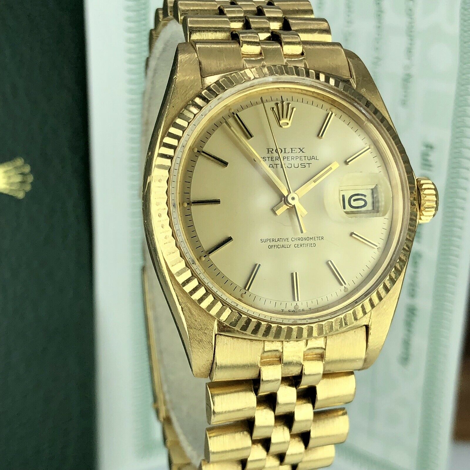 1972 Vintage Rolex Datejust 1601 gold 18k Unpolished With Service Box & Papers