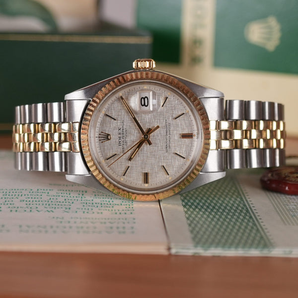 1974 Rolex Datejust 1601 Steel and Gold NOS Linen Dial Full Set with New Old Stock