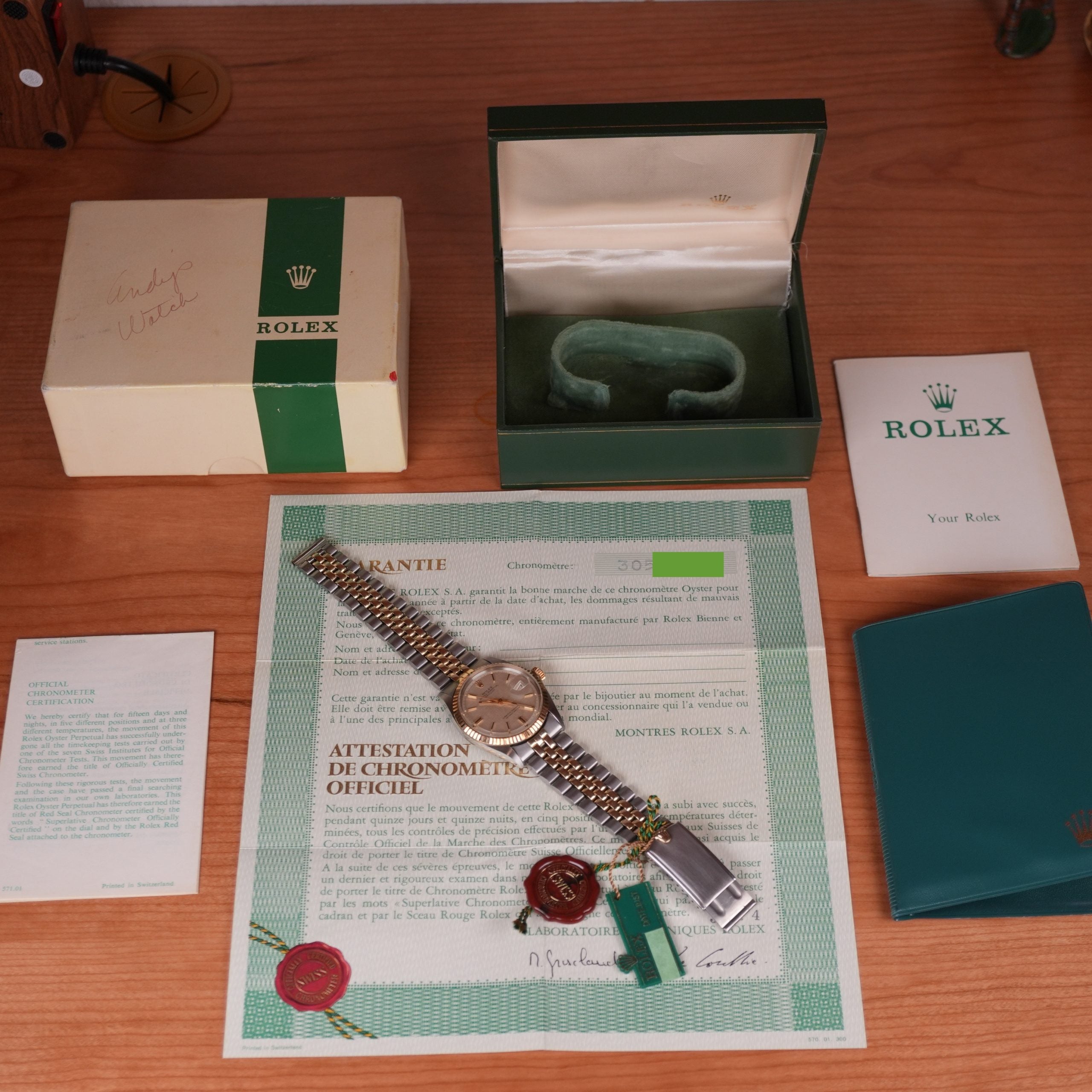 1974 Rolex Datejust 1601 Steel and Gold NOS Linen Dial Full Set with New Old Stock