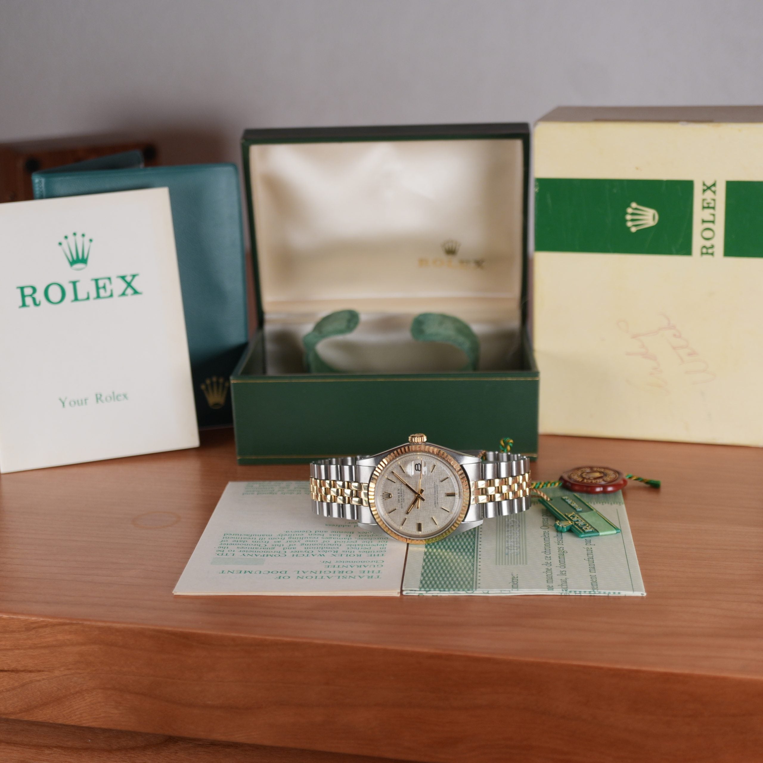 1974 Rolex Datejust 1601 Steel and Gold NOS Linen Dial Full Set with New Old Stock