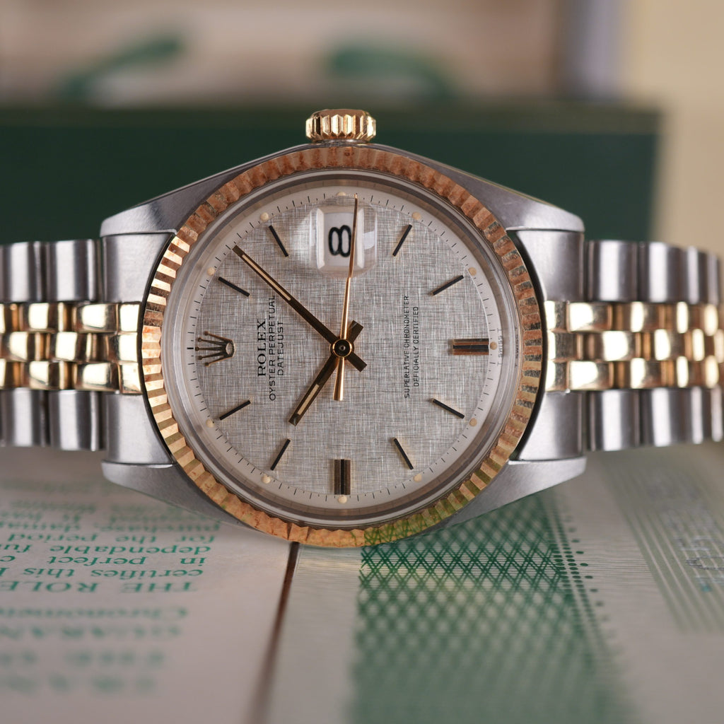 1974 Rolex Datejust 1601 Steel and Gold NOS Linen Dial Full Set with New Old Stock