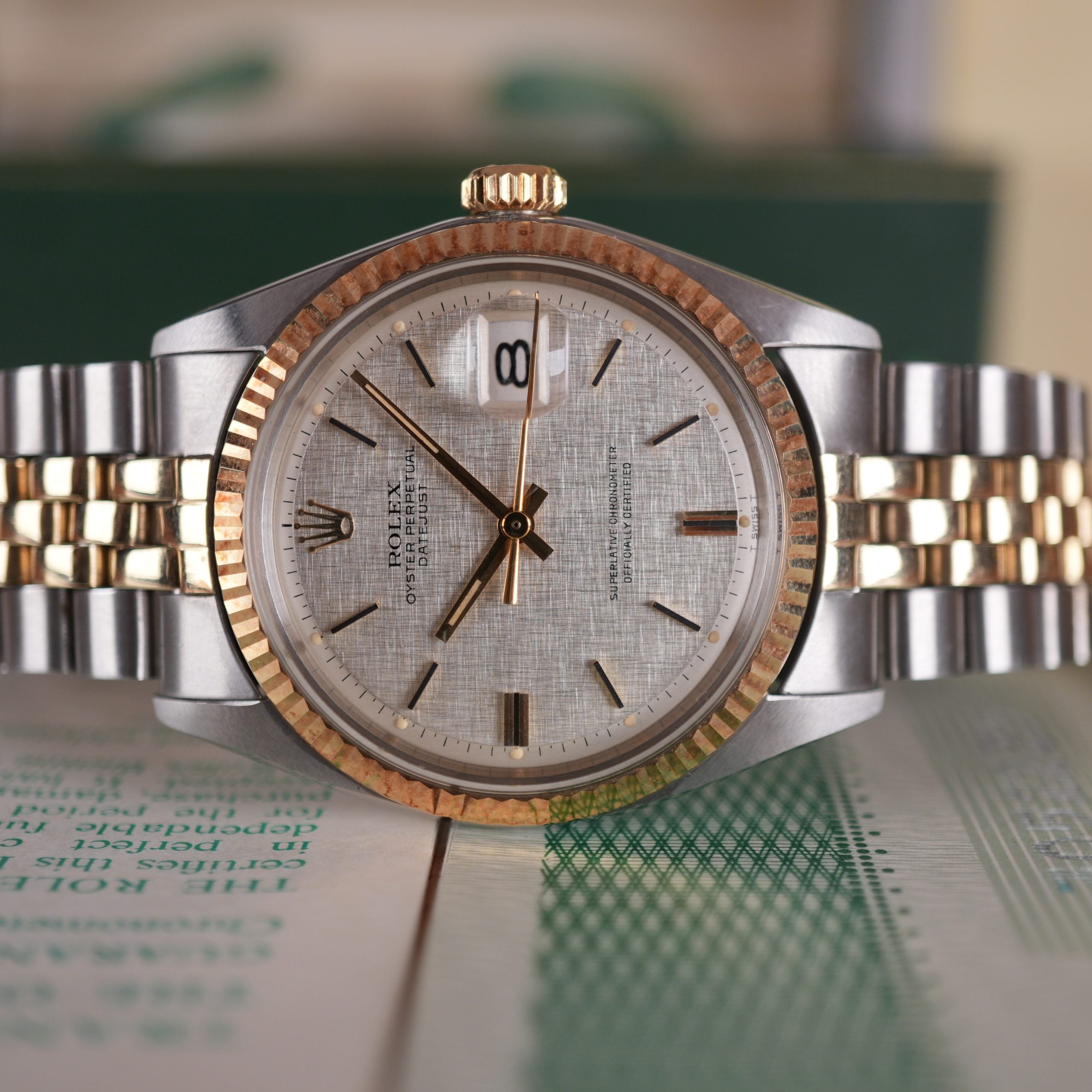 1974 Rolex Datejust 1601 Steel and Gold NOS Linen Dial Full Set with New Old Stock