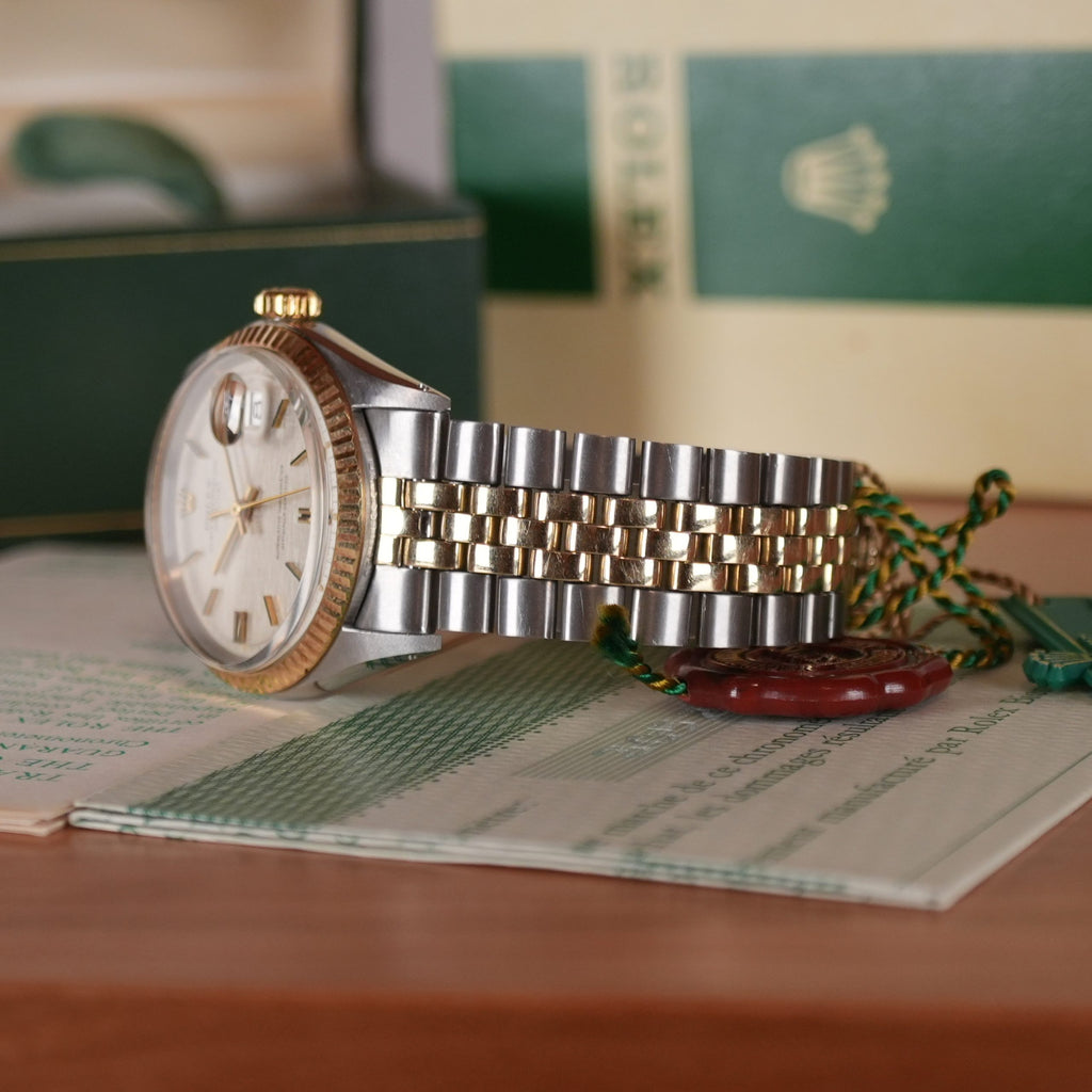 1974 Rolex Datejust 1601 Steel and Gold NOS Linen Dial Full Set with New Old Stock