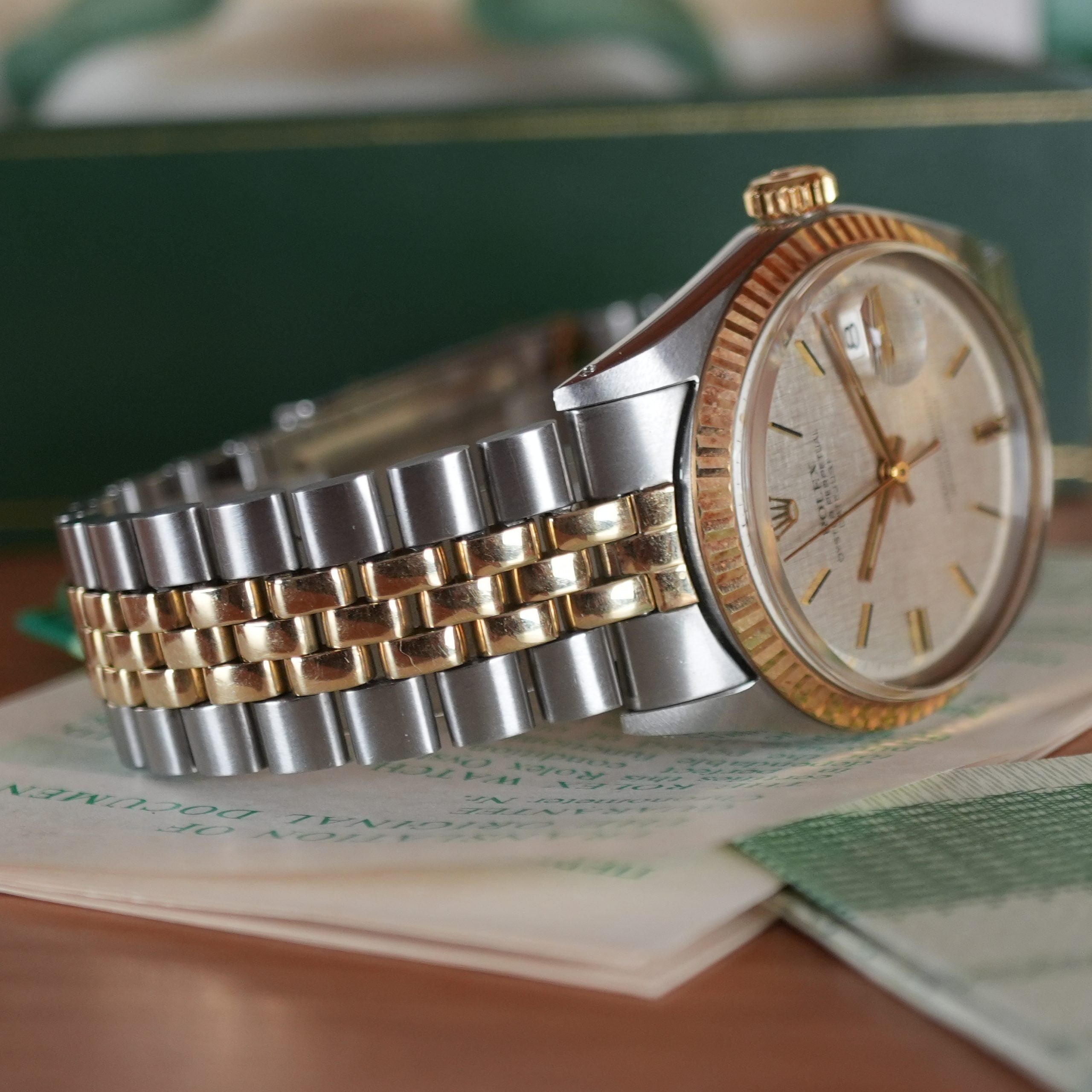 1974 Rolex Datejust 1601 Steel and Gold NOS Linen Dial Full Set with New Old Stock