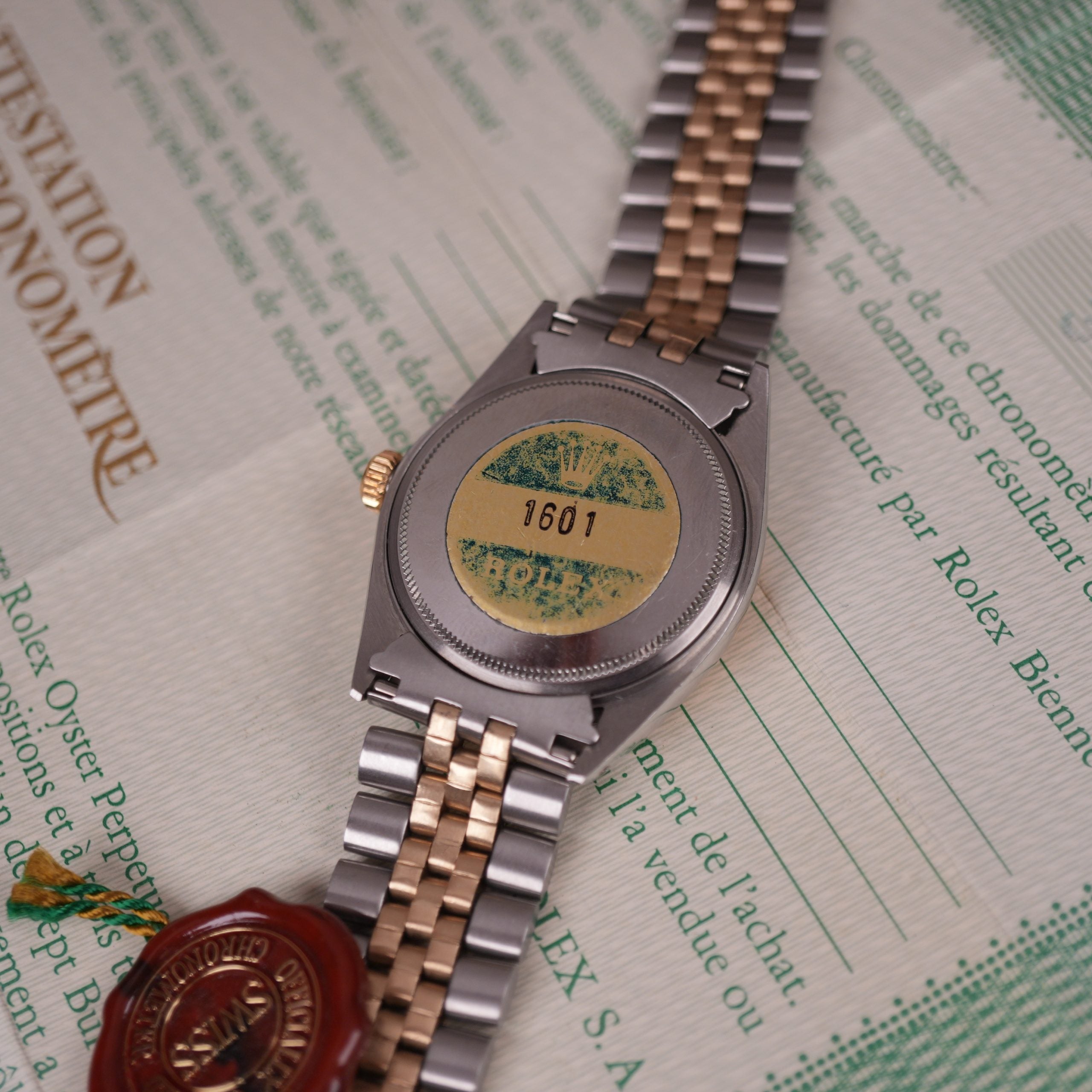 1974 Rolex Datejust 1601 Steel and Gold NOS Linen Dial Full Set with New Old Stock