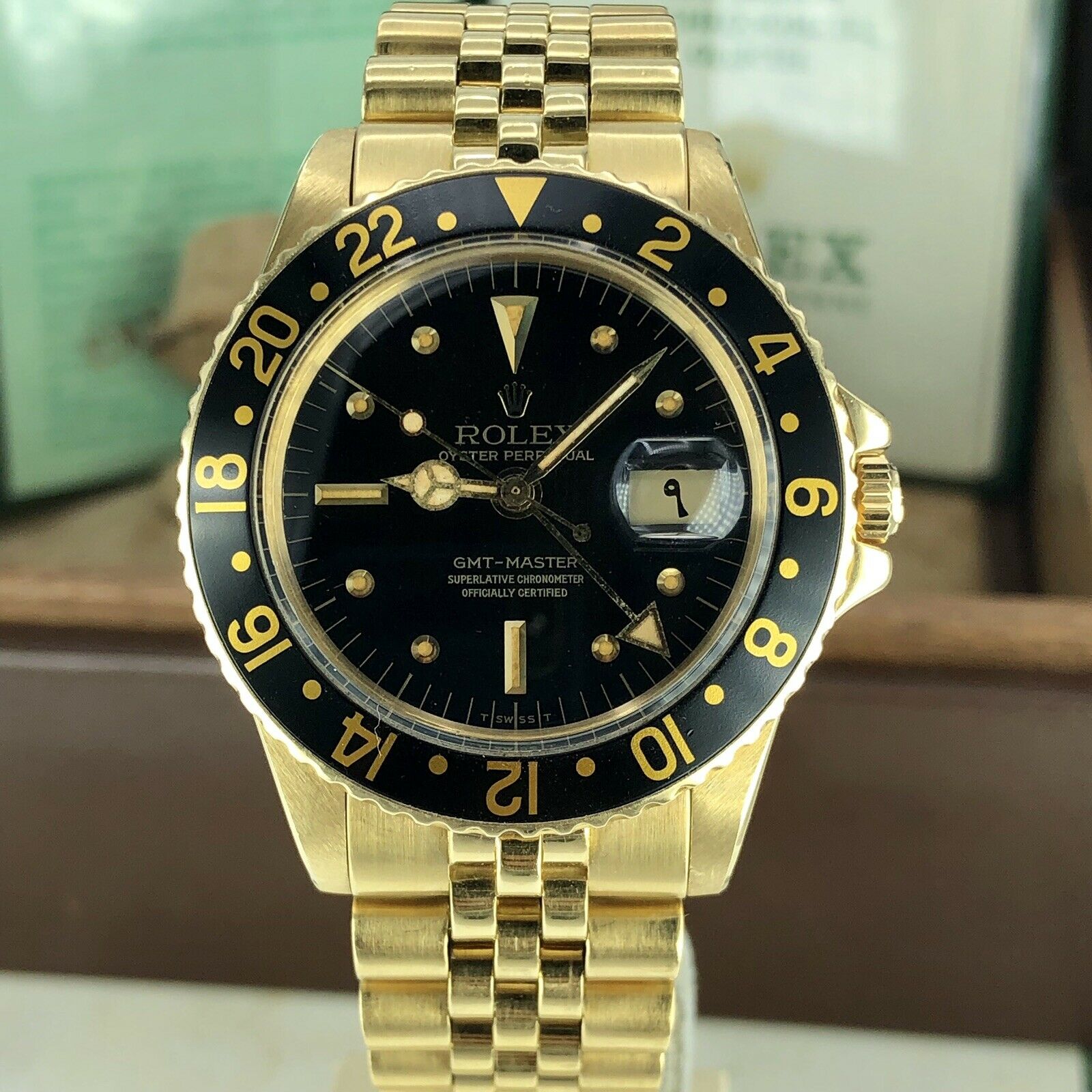 1974 Vintage Rolex GMT Master 1675 Gold 18k Arabic Date Full Set Box & Papers