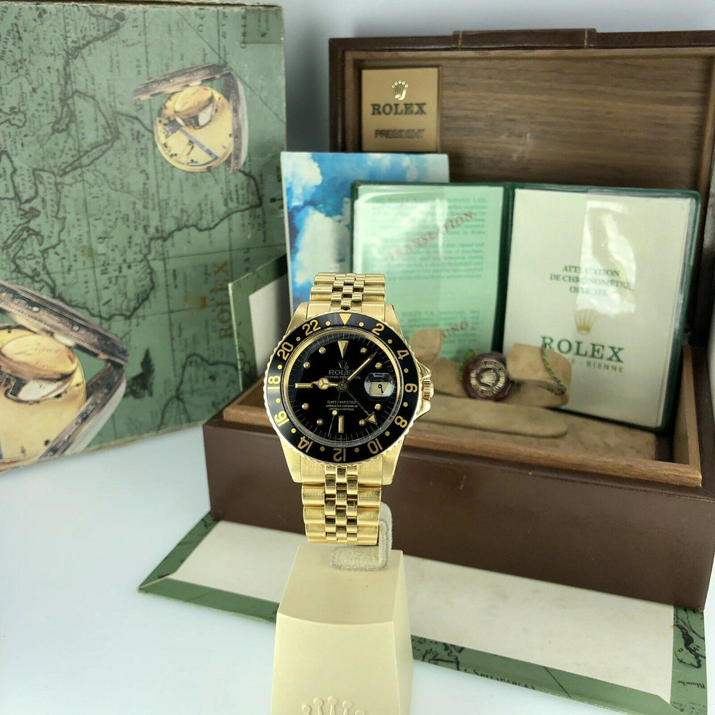 1974 Vintage Rolex GMT Master 1675 Gold 18k Arabic Date Full Set Box & Papers