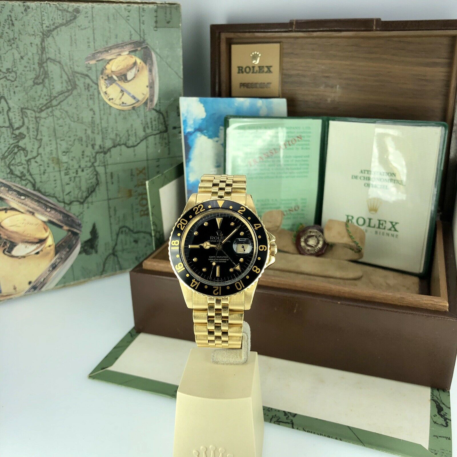1974 Vintage Rolex GMT Master 1675 Gold 18k Arabic Date Full Set Box & Papers