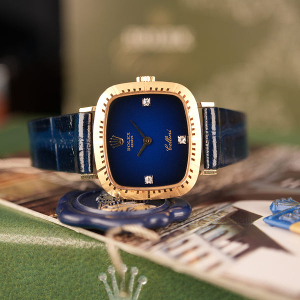 1976 NOS Rolex Cellini Ref 4082 18K Yellow Gold Rare Blue Vignette Diamond Dial New Old Stock
