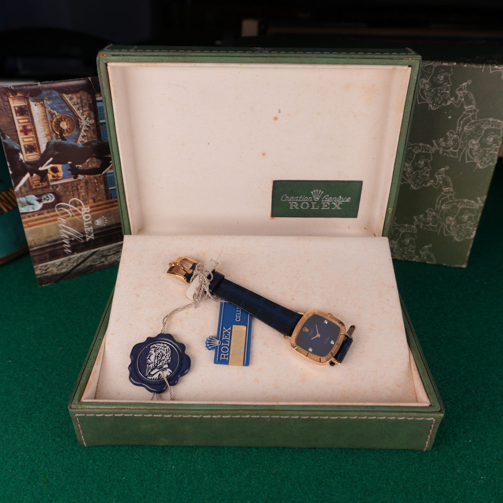 1976 NOS Rolex Cellini Ref 4082 18K Yellow Gold Rare Blue Vignette Diamond Dial New Old Stock