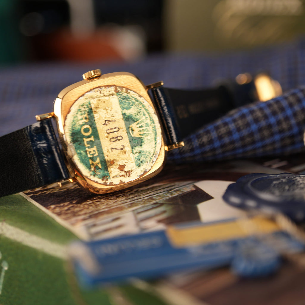 1976 NOS Rolex Cellini Ref 4082 18K Yellow Gold Rare Blue Vignette Diamond Dial New Old Stock