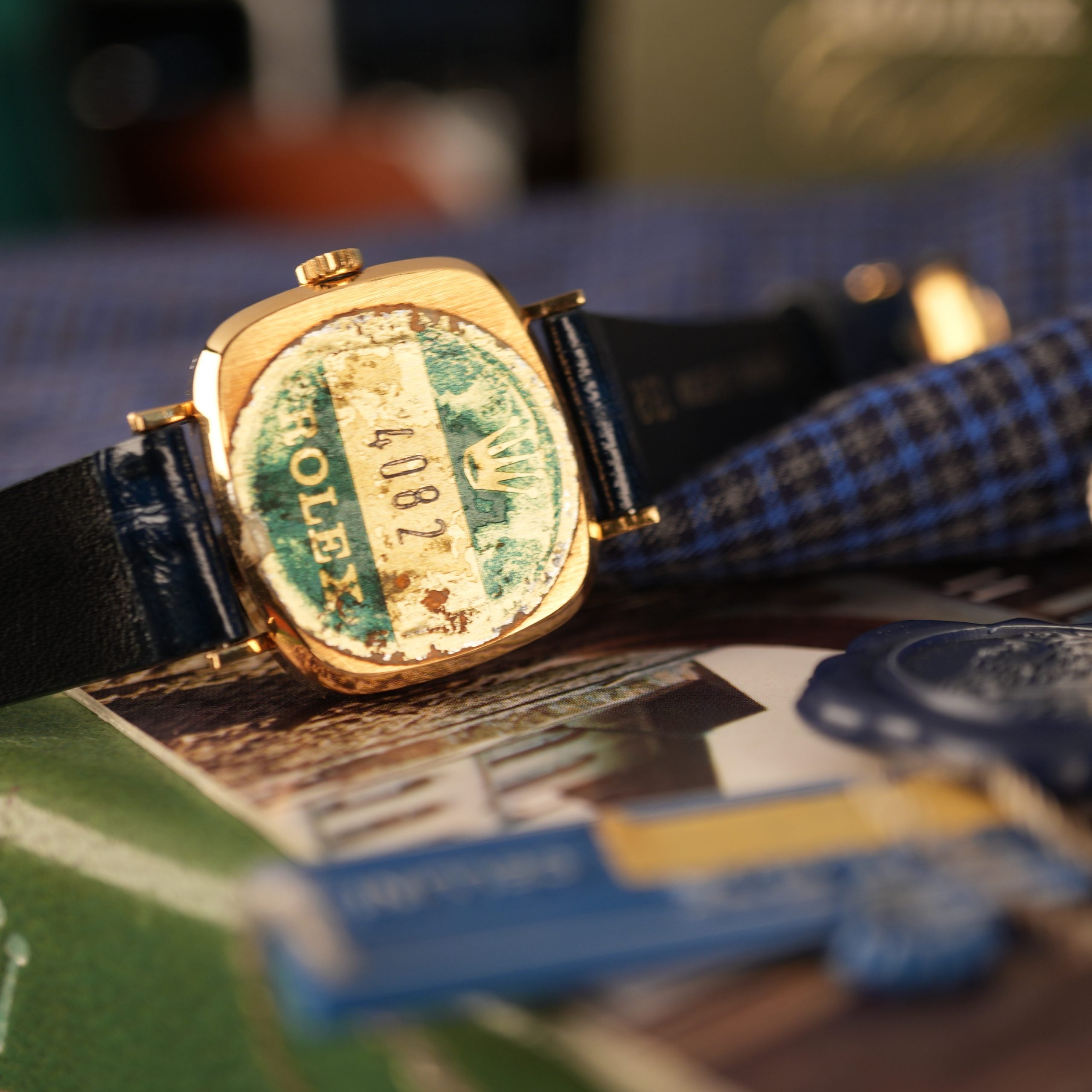 1976 NOS Rolex Cellini Ref 4082 18K Yellow Gold Rare Blue Vignette Diamond Dial New Old Stock