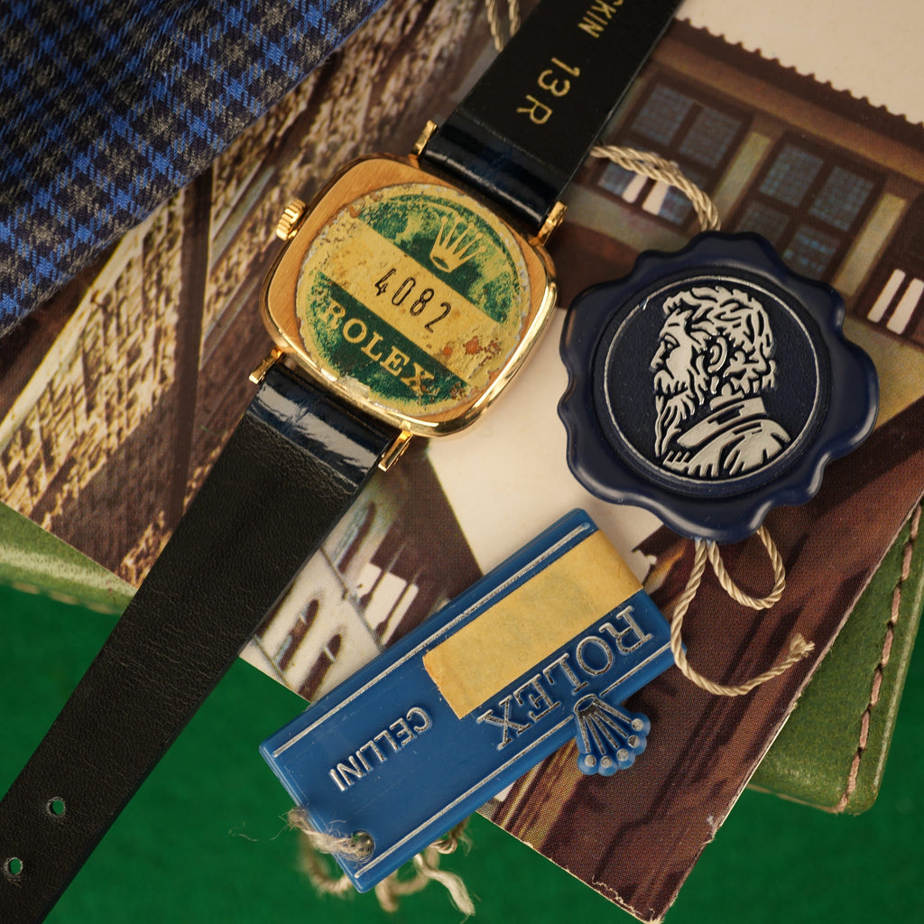 1976 NOS Rolex Cellini Ref 4082 18K Yellow Gold Rare Blue Vignette Diamond Dial New Old Stock