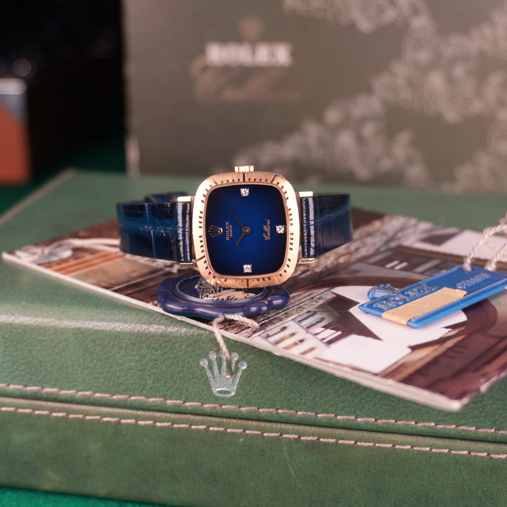 1976 NOS Rolex Cellini Ref 4082 18K Yellow Gold Rare Blue Vignette Diamond Dial New Old Stock