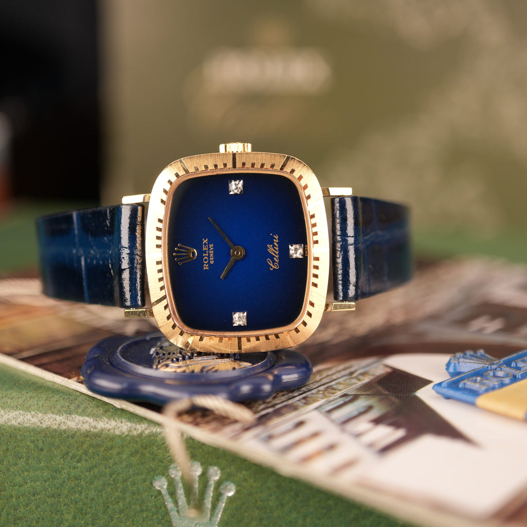 1976 NOS Rolex Cellini Ref 4082 18K Yellow Gold Rare Blue Vignette Diamond Dial New Old Stock