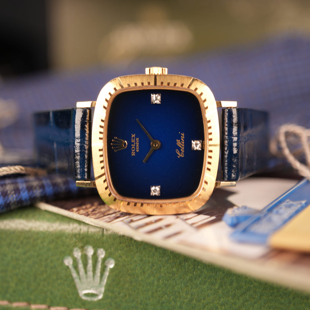 1976 NOS Rolex Cellini Ref 4082 18K Yellow Gold Rare Blue Vignette Diamond Dial New Old Stock