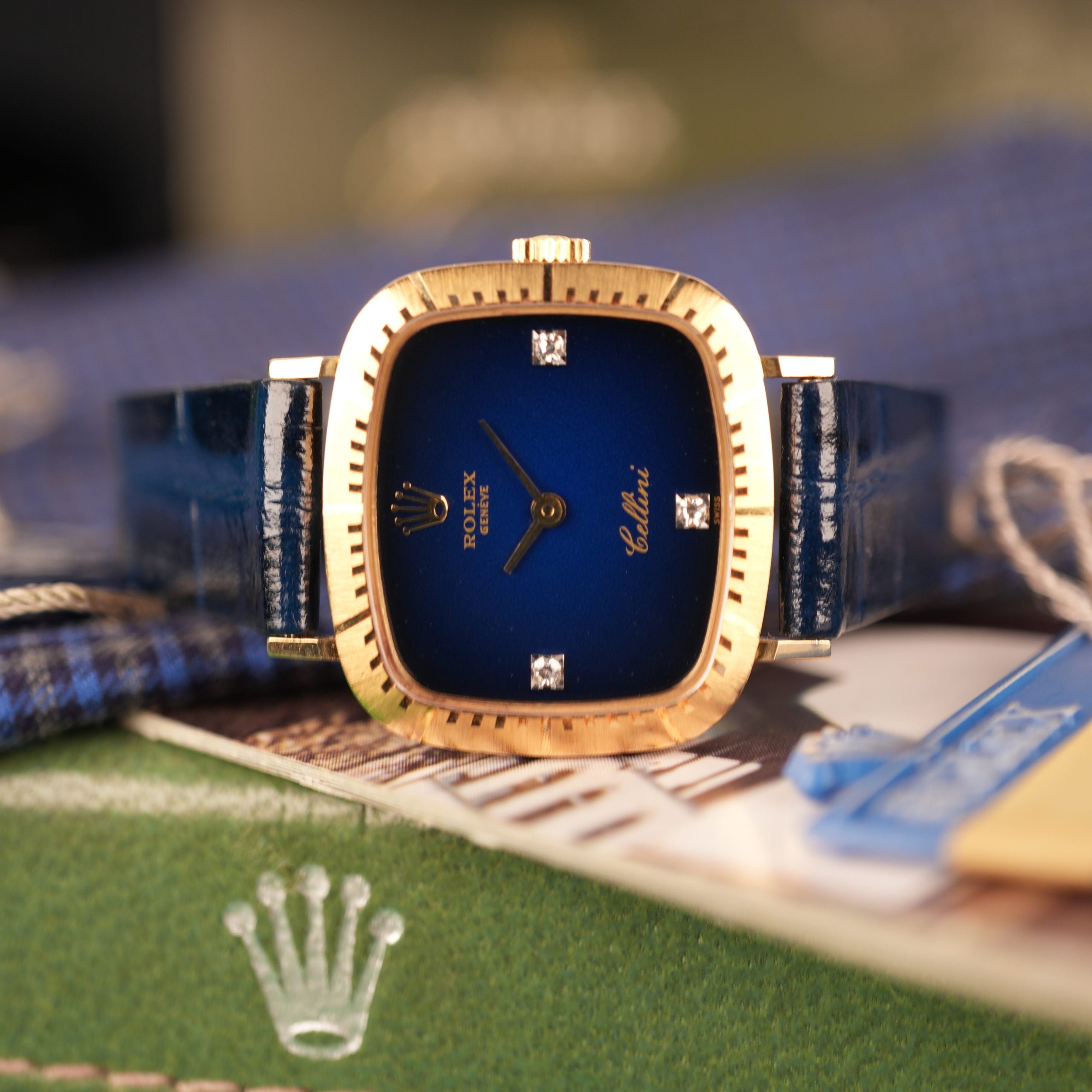 1976 NOS Rolex Cellini Ref 4082 18K Yellow Gold Rare Blue Vignette Diamond Dial New Old Stock